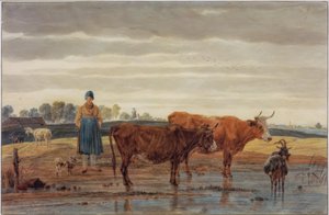 Su kenarında otlayan sığır ile çiftçinin karısı by Wilhelm von Kobell