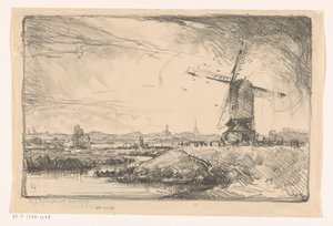 Leiden yakınlarında yel değirmeni ile manzara by Willem Adrianus Grondhout (signed by artist)