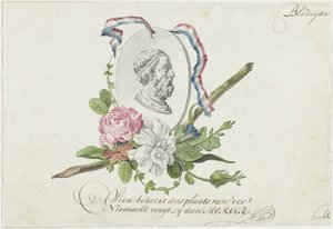 Çiçekler, portre madalyon ve kurdele ile skeç by Willem Bilderdijk