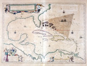 Karayip Denizi: Bermuda Takımadaları, Miami ve Porto Riko arasında Bermuda üçgenini görebilirsiniz. Wilhelm Blaeu