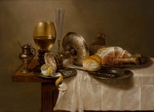 Roemer, Devrilmiş Gümüş Tazza, Flüt, Rulo Ekmek ve Masada Jambonla Bir Natürmort by Willem Claesz. Heda