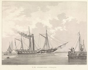 Bir iskelede çarklı vapur Z.M. Steamship Curaçao (nesnedeki başlık)