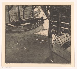 Balıkçılık kartı olan bir mavna evinin içi ve yerleşik balık avı kartı olan bir mavna by Willem Jansen (graveur) (signed by artist)