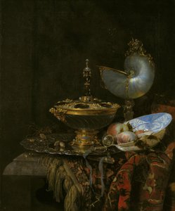 Holbein Kase, Nautilus Bardak, Cam Kadeh ve Meyve Tabağı ile Pronk Natürmort by Willem Kalf