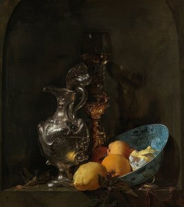 Gümüş bir sürahi ve bir porselen kase ile natürmort. 1655-60