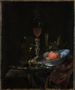 Şarap kadehi ve bir kase meyve by Willem Kalf