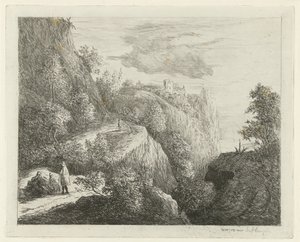 Yolun kenarında dinlenme figürleri olan dağ manzarası by Willem Matthias Jan van Dielen