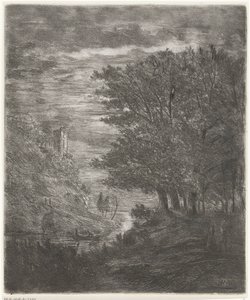 Ay ışığında su üzerinde harabeler ve tekne ile tepelik manzara by Willem Matthias Jan van Dielen
