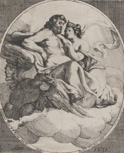Jüpiter ve Juno bulutların üzerinde oturuyorlar, solda şimşekler tutan bir kartal, 1631. by Willem Panneels