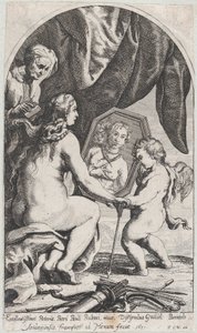 Venüs, saçları yaşlı bir kadın tarafından taranırken Cupid tarafından tutulan bir aynanın önünde, 1631.