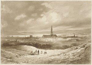 Bir gölün üzerinde bir şehrin tepelerinden görünüm by Willem Pieter Hoevenaar