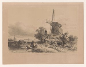 İki figürlü bir manzarada yel değirmeni by Willem Roelofs (I)