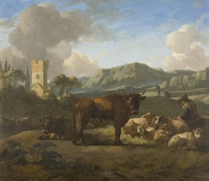 Tepelik Bir Peyzajda Sığır ve Çoban, c.1650-70 (panelde yağlı boya)