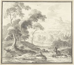 Bir dere tarafından kadınlarla pastoral tepelik manzara by Willem Troost (I)
