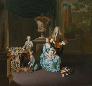 Diederik Baron van Leyden van Vlaardingen (1695-1764). Leiden Belediye Başkanı, Karısı Sophia Dina de Rovere ve oğulları Pieter, Jan ve Adriaan Pompejus ile