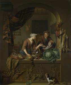 Kadın ve balık satıcısı mutfakta. 1713