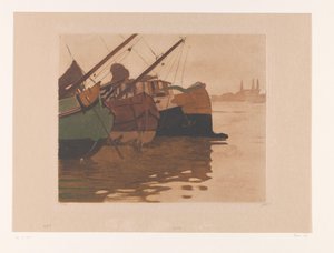 Üç kuleli IJ mavnalarında turba gemileri (orijinal başlık) Beş mavna (orijinal başlık) by Willem Witsen (signed by artist)