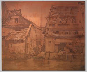 Batavia. Kali üzerinde evler, sağda bir evin merdivenlerinde çamaşırcı by Willem Arnoldus Witsen