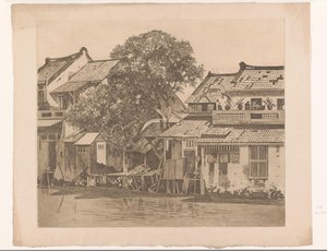 Batavia Huizen aan de kali'de bir nehir üzerindeki evlerin görünümü. Evler arasındaki ağaçlar, Batavia (orijinal başlık) by Willem Arnoldus Witsen