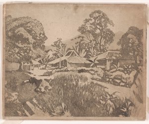 Arka planda Salak ve Gedeh yanardağları olan kampong'daki evler, Buitenzorg by Willem Arnoldus Witsen