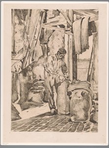 Wijk bij Duurstede un değirmenindeki değirmenci bir çantayı düğmeler. by Willem Arnoldus Witsen