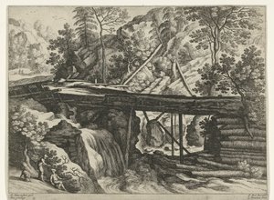 Ahşap su kemeri ile dağ manzarası İtalyan manzaraları (dizi başlığı) by Willem van Nieulandt (II)