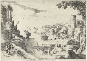 Emmaus Gezginleri ile Manzara Christ castellum Emaus petit (nesne üzerindeki başlık) İncil Sahneleri ile İtalyan Manzaraları (dizi başlığı) by Willem van Nieulandt (II)