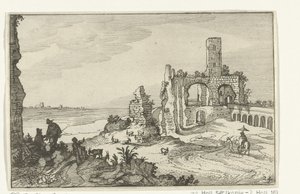 Su üzerinde kemerler ve bir kule ile harabe Roma kalıntıları ve kıyı manzaraları (dizi 1) (dizi başlığı) by Willem van Nieulandt (II)