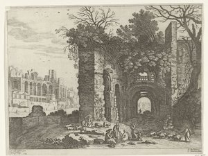 Aile bir harabenin önünde dinleniyor İtalyan manzaraları (dizi başlığı) by Willem van Nieulandt (II)