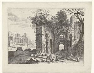 Aile bir harabenin önünde dinleniyor İtalyan manzaraları (dizi başlığı) by Willem van Nieulandt (II)