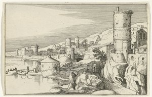 Su üzerinde kuleleri olan şehir Roma kalıntıları ve kıyı manzaraları (dizi 1) (dizi başlığı) by Willem van Nieulandt (II)
