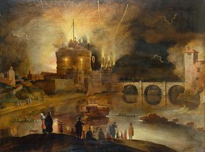 Kasaba halkı ile Geceleri Havai Fişek Gösterisi izlerken Castel Sant Angelo, Roma (panelde yağ) by Willem van Nieulandt