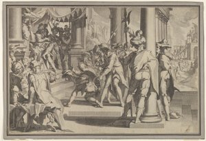 Adalet Alegorisi Affedilen bir adamı betimleyen bir mahkeme sahnesi ile Yasanın Kutsallığı..., 1605. by Willem van Swanenburg