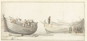Figürlü iki balıkçı teknesinin incelenmesi by Willem van de Velde (II) (attributed to)