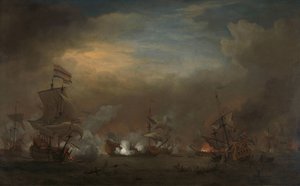 Kijkduin Savaşı sırasında karşılaşma Kijkduin Savaşı (Texel Savaşı) sırasında Gouden Leeuw üzerinde Cornelis Tromp ve Kraliyet Prensi üzerinde Sir Edward Spragg arasında Deniz Savaşı, 21 Ağustos 1673: Üçüncü İngiliz-Hollanda Savaşı