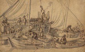 Küçük Tüccar Gemilerindeki Figürler, c.1650-5 (kalem, kahverengi mürekkep ve yıkama çizimi) by Willem van de Velde
