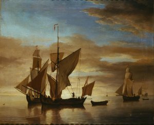 Akşam ışığında sakin denizlerde gemiler by Willem van de Velde the Younger