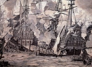 Hollanda ve İsveç filoları arasındaki Ses Savaşı, 8 Kasım 1658. Detay - Yağlıboya ve Mürekkepli Tablo