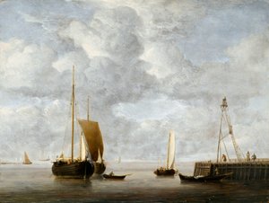 Bir İskele yakınında Çapa'da Hollandalı bir Hoeker c.1665 (panel üzerine yağ)