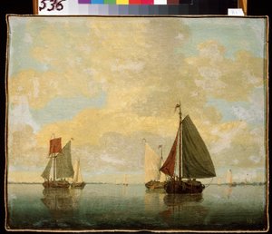 Yelkenli tekneler. Willem van de Velde the Younger (1633-1707) tarafından yapılan tablo. Tuval üzerine yağlı boya, 24,5 x 32,5 cm, 17. yüzyıl sonu. Flaman sanatı, barok tarzı. Ermitaj Müzesi, Saint Petersburg.