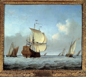Amiral gemisi ile Donanma Boyama Willem Van de Velde II le Jeune (1633-1707) 17. yüzyıl Güneşi. 0.35x0.42 m