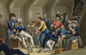Kokpit, Nil Savaşı, Nelson'ın savaşta yaralandığını gösteriyor, Matthew Dubourg (fl.1813-20) tarafından 'Tarihi, Askeri ve Deniz Anekdotları'ndan oyulmuş, pub. Edward Orme (1774-c.1820) 1817 (aquatint) tarafından