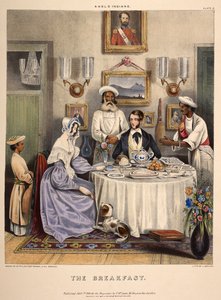 Kahvaltı. Genç evli bir çift (bir Doğu Hindistan Şirketi memuru ve karısı), hizmetçilerin katılımıyla kızarmış balık, pirinç ve Sylhet portakallarıyla kahvaltı ediyor. J. Bouvier tarafından litografi. by William (after) Tayler
