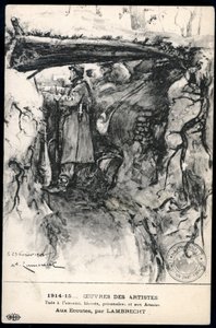 Birinci Dünya Savaşı - 14-18 Savaşı (1914-1918) - I. Dünya Savaşı (Birinci Dünya Savaşı veya Birinci Dünya Savaşı): Fransa, Bir siperde ön cepheyi izleyen bir askerin çizimini gösteren Vatansever Haritası, başlıklı: 'dinleme' by William Adolphe Lambrecht