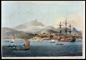 St. Jago Adası'ndaki Porto Praya, Thomas Medland (1755-1823) 1806 (aquatint) tarafından John Barrow (1764-1848) tarafından 'A Voyage to Cochinchina'dan levha 4