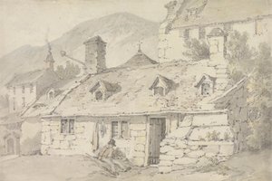 Ön Planda Bir Figür ile Dağlık Bir Manzarada Taş Kulübeler by William Alexander