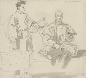 İki Çinli Figür: Bir Şapka Satıcısı ve Bağdaş kurmuş Oturan, Pipo İçen Bir Adam by William Alexander