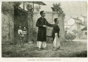 Yürüyen bir büyücü, kör bir masör. 1884'te, Doktor Paul Hocquard'ın Trente mois au Tonkin öyküsünü göstermek için Barbotin tarafından yapılan gravür, le tour du monde 1890'da, Edouard Charton (1807-1890), Hachette, Paris. by William Barbotin