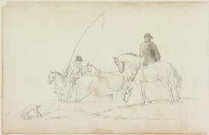 İki Atlı ve Köpekli Atlı İki Adam (kağıt üzerine kurşun kalem ve suluboya (yıkama) (M751 ile kağıt üzerinde))