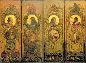 Shakespeare, Milton, Chaucer ve Spenser portreleri ile dört yapraklı bir ekran